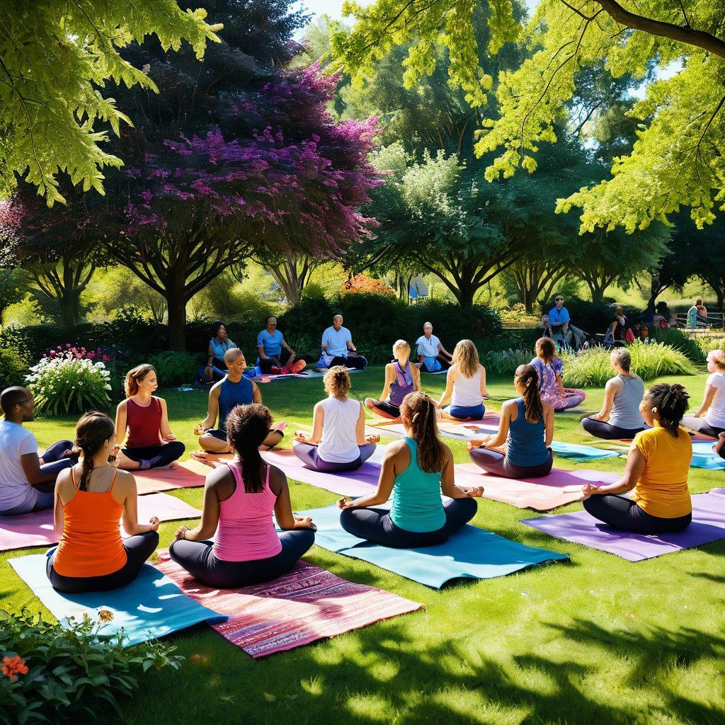 A vibrant community gathering in a sunlit park, featuring diverse individuals laughing, sharing food, and engaging in activities like yoga and art, surrounded by blooming flowers and greenery. Emphasize warmth, connection, and positivity with bright colors and joyful expressions. super-realistic. vibrant colors. 3D.