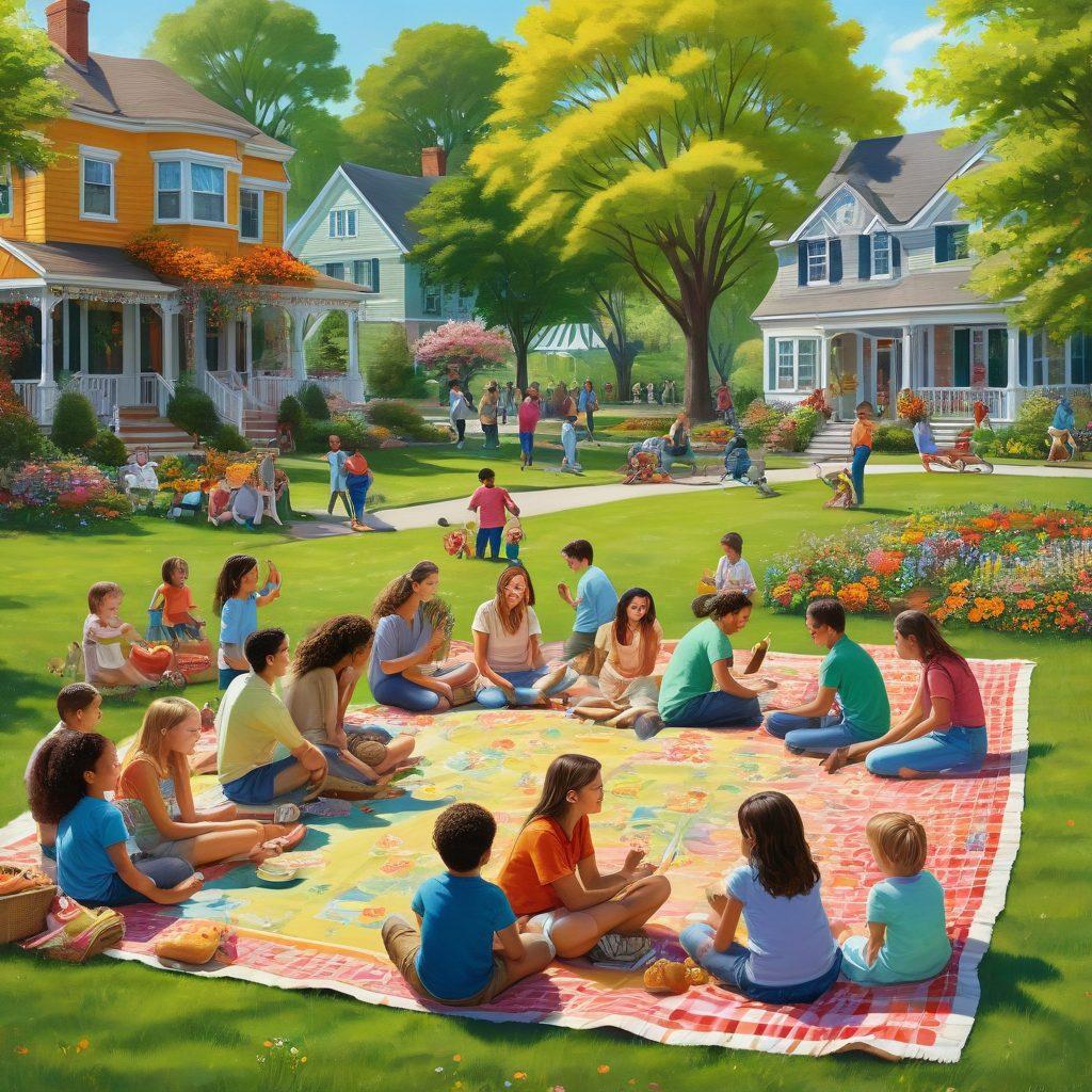 A vibrant community gathering in a sunny park, featuring diverse families enjoying a day out with picnic blankets, children playing, and neighbors chatting happily. Include colorful flowers and trees, with a backdrop of charming houses, symbolizing unity and happiness. Emphasize warm, inviting colors and cheerful expressions. super-realistic. vibrant colors.