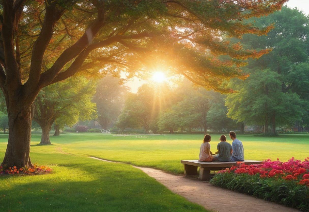 A serene park scene featuring diverse individuals engaged in joyful activities, such as gardening, meditating, and sharing laughter. Include colorful flowers, trees, and benches, framing a warm sunset that symbolizes hope. Add soft pastel colors to evoke a sense of calm and happiness. super-realistic. vibrant colors. natural lighting.